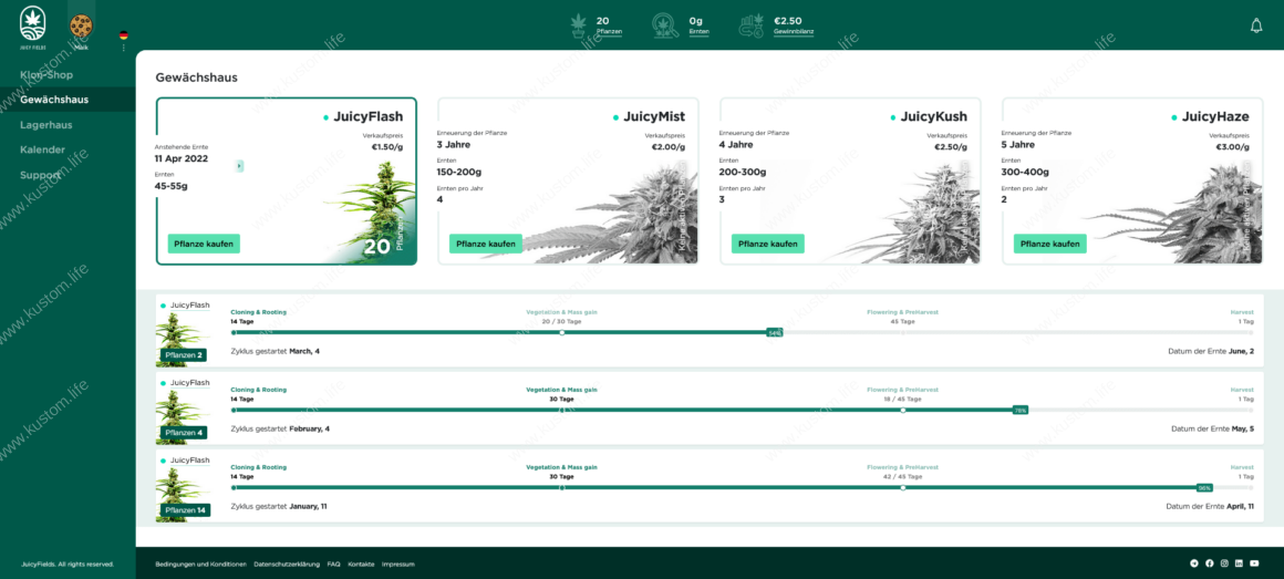 JuicyFields Egrowing Screenshot vom Backend Gewächshaus